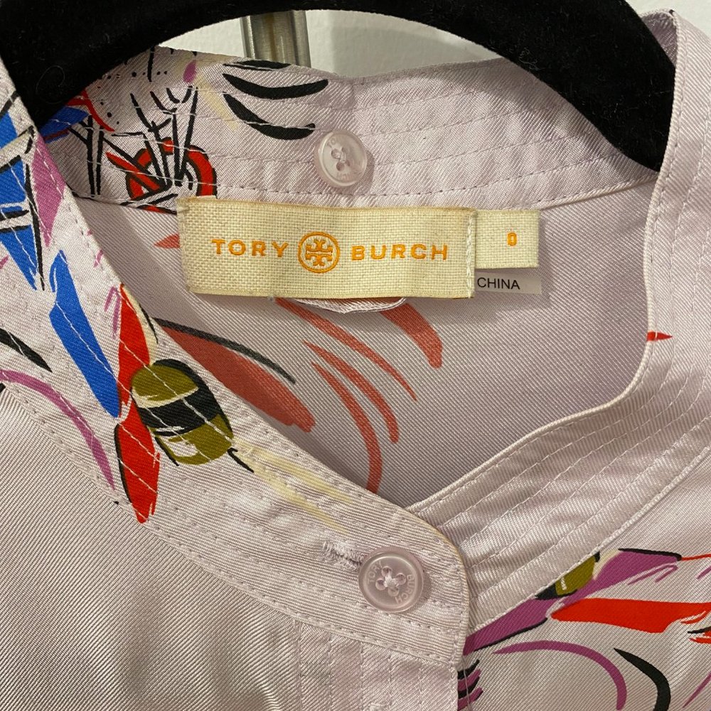 Tory Burch Painted-Border Printed Silk Shirtdress (0, Pink) - Picture 3 of 6
